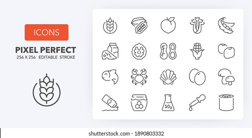 Food allergens, including the 14 allergies outlined by the EU European Food Safety Authority which encompass the big 8 FDA Major Allergens. Thin line icon set. Outline symbol collection. Editable 