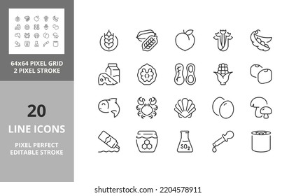 Food allergens, including the 14 allergies outlined by the EU European Food Safety Authority which encompass the big 8 FDA Major Allergens. Outline symbol collection. Editable 