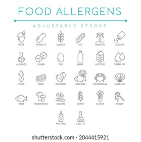 Food Allergens Line Icon Set. Allergy Ingredients Nutritional Vector Symbol Pack. svg