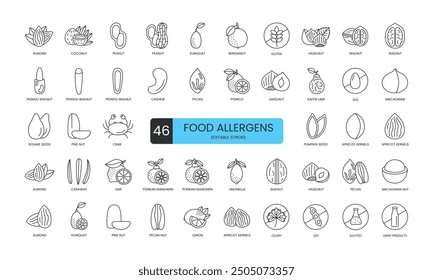 Food allergens line icons set vector with editable stroke, dairy products and egg, fish and flax, grapefruit and lacto, lemon and lime, lupin and macadamia, nut and mandarin, monosodium glutamate.