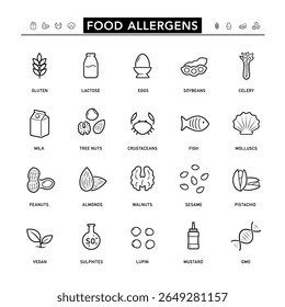 Ícone de conjunto de alérgenos alimentares. Ícones projetados para representar os principais alérgenos alimentares de forma clara e eficaz.Os ícones de contorno são bem escaláveis e editáveis, bom para diferentes fundos. EPS10	