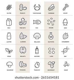 Food allergens set icon. Icons designed to represent the major food allergens clearly and effectively.The outline icons are well scalable and editable, good for different backgrounds. EPS10.	