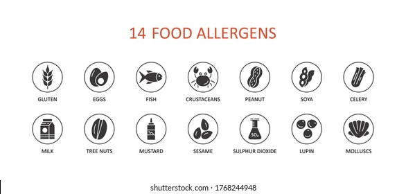 Food allergens set icons. Glyph vector infographic banner. Gluten free eggs fish clams soy mustard. Milk lupine celery peanuts nuts sesame sulphur dioxide crustaceans