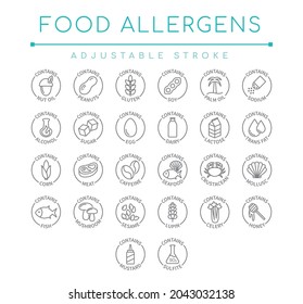 Food Allergens Warnings Line Icon Set. Contains Allergy Ingredients Vector Symbol Pack. svg
