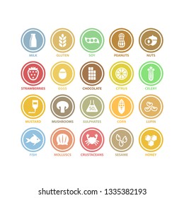 Food Allergens White Circle Vector Signs In Colorful Labels. Food Allergens Symbols Sticker Label Set.