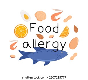 Food allergies word concept banner. Allergic reaction to eggs, seafood, nuts, fruits. Presentation, website. Isolated lettering typography idea. Flat vector illustration