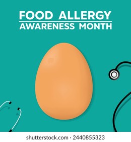 Food Allergy Awareness Month. Egg and stestoscope. Great for cards, banners, posters, social media and more. Easy blue background. 
