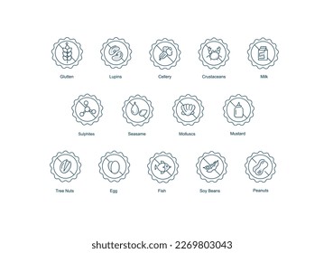 Food allergy badges including the 14 allergies outlined by the EU Food. Editable Stroke vector line icons.