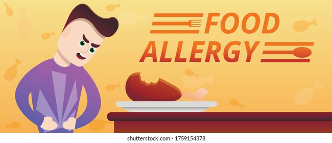 Food allergy concept banner. Cartoon illustration of food allergy vector concept banner for web design