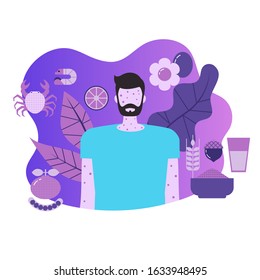 Food allergy concept with character and food icons. Vector illustration.