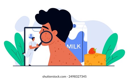 Food allergy concept. Tiny doctor holding magnifying glass and examining allergic reaction on man face. Laboratory equipment for allergy diagnosis. Isolated vector illustration in cartoon style