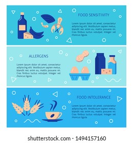 Food allergy flyer templates in flat style with place for text. Products sensitivity and intolerance concept. Vector illustration.