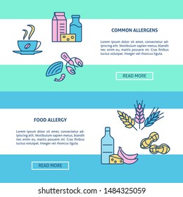 Food allergy flyer templates in line style with place for text. Products sensitivity and intolerance concept. Vector illustration.