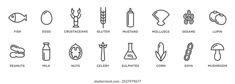 Food allergy icons. Basic allergens and diet line icons vector set. Isolated on white background 