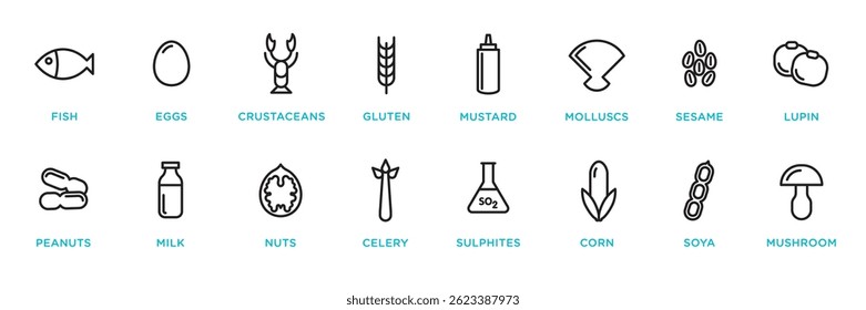 Lebensmittelallergiesymbole. Grundlegende Allergene und Diät Linie Symbole Vektor-Set. Einzeln auf weißem Hintergrund 