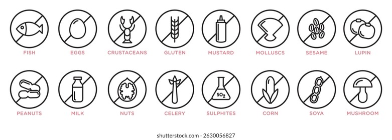 Food allergy icons. Basic allergens and diet line icons vector set. Isolated on white background 