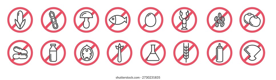 Lebensmittelallergiesymbole. Grundlegende Allergene und Diät Linie Symbole Vektor-Set. Einzeln auf weißem Hintergrund 