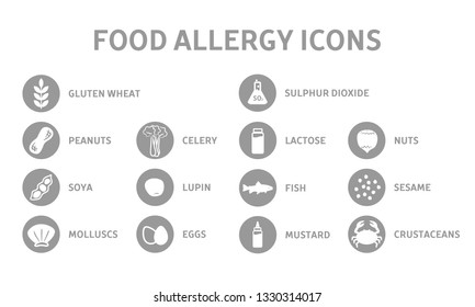 Food Allergy Icons Including The 14 Food Allergies Outlined By EU Food Information For Consumers Regulation EFSA European Food Safety Authority Annex II. Perfect For Menu Design, Packaging.