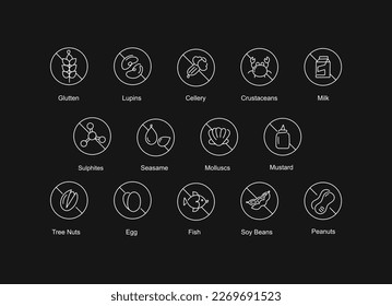 Food allergy icons including the 14 allergies outlined by the EU Food. Editable Stroke vector line icons.