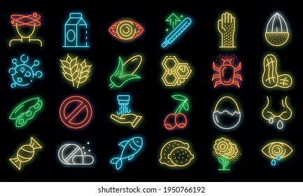 Food allergy icons set. Outline set of food allergy vector icons neon color on black