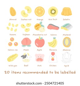 Food allergy illustration set 20 items similar to specific raw materials