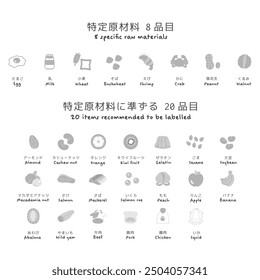 Food allergy illustration set Translation: 8 specified raw materials, 20 items similar to specified raw materials