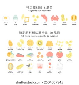Food allergy illustration set Translation: 8 specified raw materials, 20 items similar to specified raw materials