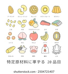 Food allergy illustration set Translation: 20 items similar to specified raw materials