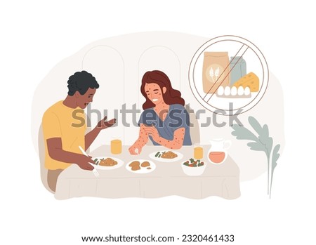 Food allergy isolated concept vector illustration. Food ingredient intolerance, allergy treatment, allergen identification, risk factor, skin rash problem, gluten free diet vector concept.