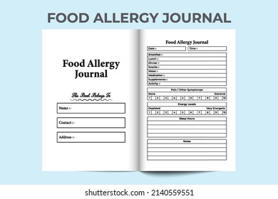 Food allergy journal interior. Food allergy symptoms and pain level tracker log book template. Interior of a notebook. Daily food routine and allergy medication logbook interior.