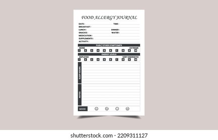 Food allergy journal KDP Interior design. Printable logbook