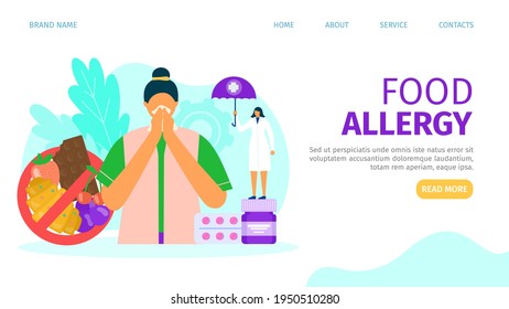 Food allergy, landing page, vector illustration. Woman character with health problem, insurance from doctor template page. Organic product allergy