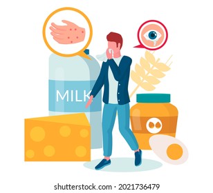 Food Allergy. Man Suffering From Hives, Itching Red Rash Or Eczema, Watery Eyes, Vector Illustration. Allergic Reaction To Milk, Cheese, Eggs, Nuts. Lactose Intolerance.