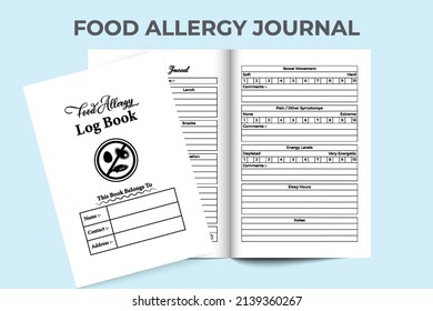 Food allergy notebook interior. Daily food habit tracker and allergy symptoms checker journal template. Interior of a logbook. Food allergy medication notebook and pain tracker journal.