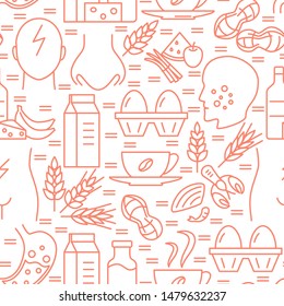 Food allergy seamless pattern in line style. Repeating background with sensitivity symptoms and products symbols. Vector illustration.