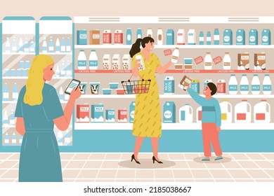 Food allergy supermarket composition woman and her baby in store in the milk department choose lactose free vector illustration