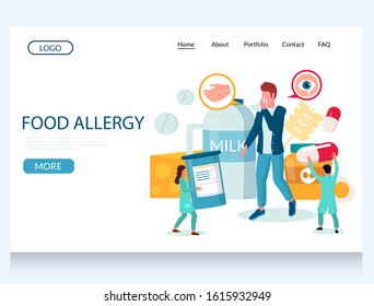 Food allergy vector website template, web page and landing page design for website and mobile site development. Man suffering from itchy red rash, watery eyes. Allergic reaction to milk, cheese, eggs.