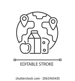 Food allocation linear icon. Products transportation and distribution. Poverty and hunger. Thin line customizable illustration. Contour symbol. Vector isolated outline drawing. Editable stroke