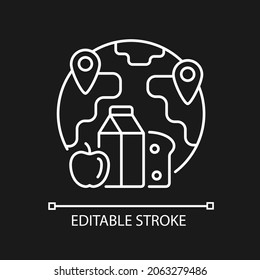 Food allocation white linear icon for dark theme. Products transportation and distribution. Thin line customizable illustration. Isolated vector contour symbol for night mode. Editable stroke