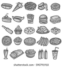 Food America Traditional and Fast Food Doodle Icon Sketching Vector Set 