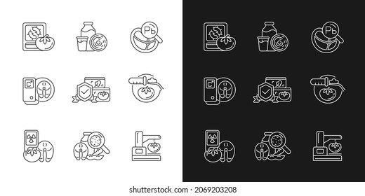 Food analysis linear icons set for dark and light mode. Biological and chemical danger detection. Lab testing. Customizable thin line symbols. Isolated vector outline illustrations. Editable stroke