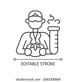 Food analyst linear icon. Food scientist. Nutrition safety tester. Chemical laboratory worker. Thin line customizable illustration. Contour symbol. Vector isolated outline drawing. Editable stroke