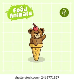 food animal combines 2 materials, namely animals and food, cute cartoon mascot logo characters in the form of bear and icecream, for business, collections, stickers, cool, cheerful, sophisticated