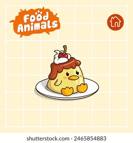 food animal combines 2 materials, cute cartoon mascot logo characters in the form of duck and pudding, for business, collections, stickers, cool, cheerful, sophisticated, modern