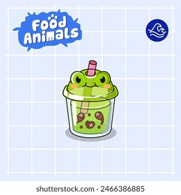 food animal combines 2 materials, cute cartoon mascot logo characters in the form of frog and boba drink, for business, collections, stickers, cool, cheerful, sophisticated, modern