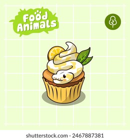 food animal combines 2 materials, cute cartoon mascot logo characters in the form of snake and cupcakes, for business, collections, stickers, cool, cheerful, sophisticated, modern