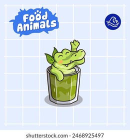 food animal combines 2 materials, cute cartoon mascot logo characters in the form of crocodile and green tea latte, for business, collections, stickers, cool, cheerful, sophisticated, modern