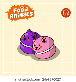 food animal combines 2 materials, cute cartoon mascot logo characters in the form of Kitten and macarons, for business, collections, stickers, cool, cheerful, sophisticated, modern