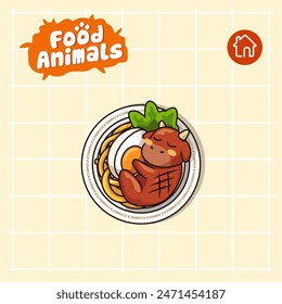 food animal combines 2 materials, cute cartoon mascot logo characters in the form of beef and ramen noodles, for business, collections, stickers, cool, cheerful, sophisticated, modern