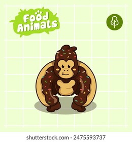 food animal combines 2 materials, cute cartoon mascot logo characters in the form of gorilla and donut, for business, collections, stickers, cool, cheerful, sophisticated, modern